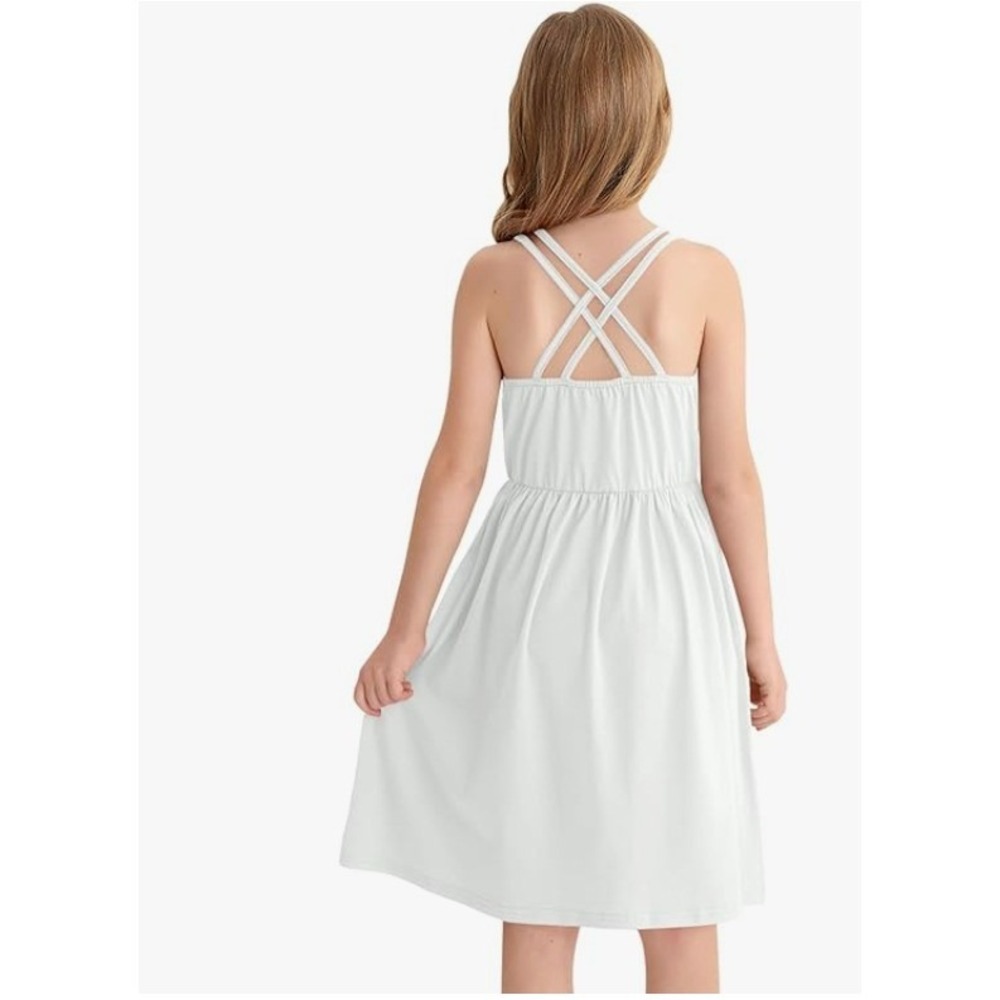 BesserBay Sundress Girls 12 White Criss Cross Back Coastal‎ Summer Beachy Pocket